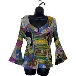 Vtg Colorful Patchwork Paisley Crinkle Blouse Y2K Fairy Bell‎ Sleeve Boho Sz L